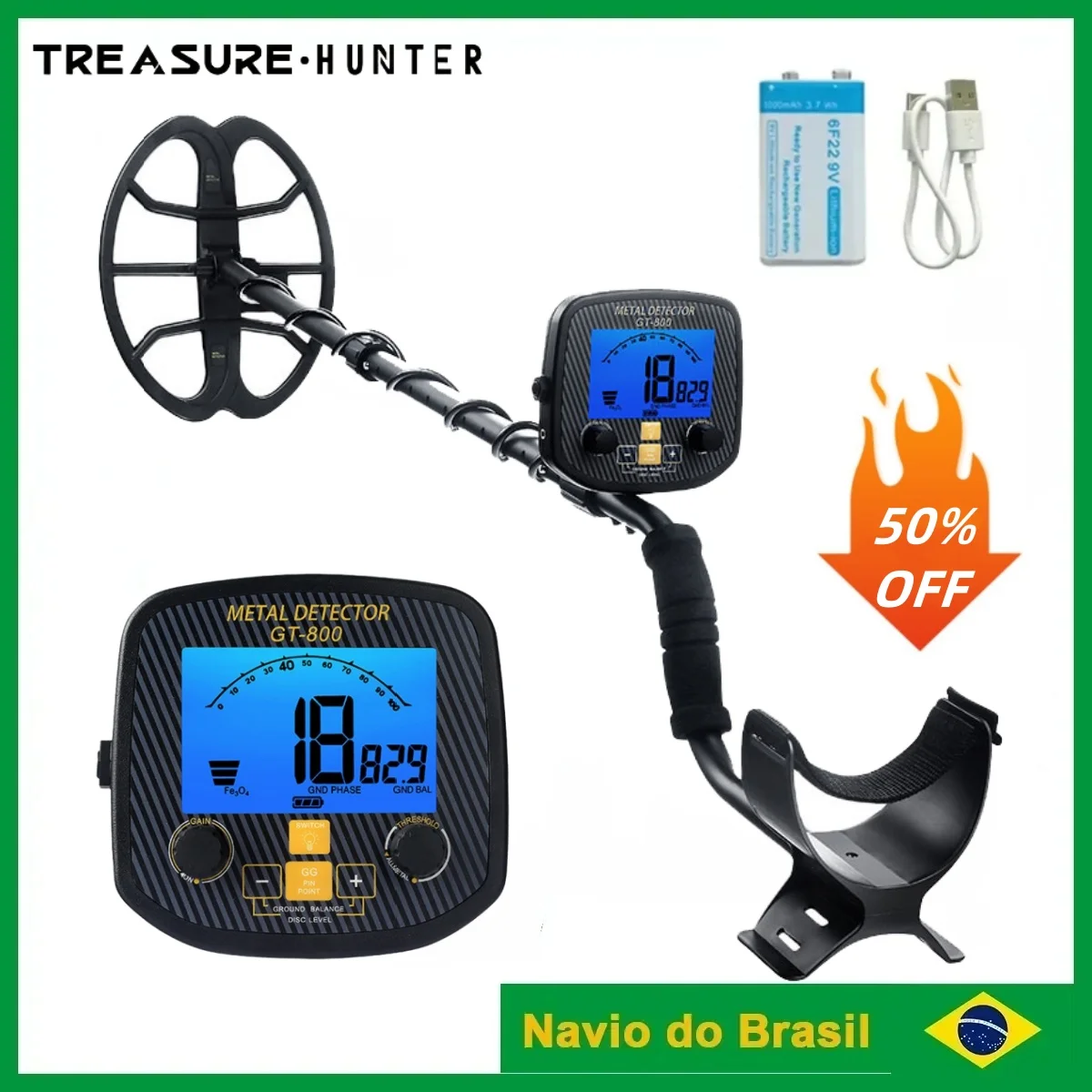 Caçador de tesouros profissional detector de metais subterrâneo gt800 detector de ouro 19khz alta frequência preciso detectando br grátis