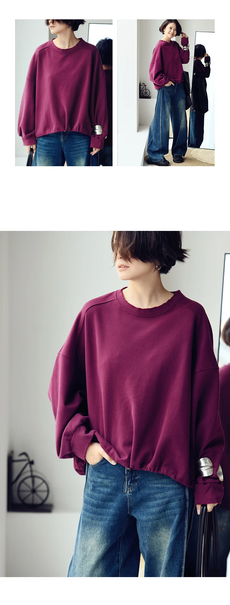 R7151C Artistic Retro Brushed Drawstring Round Neck Pullover Loose Batwing Sleeve Short Sweatshirt for Women Autumn