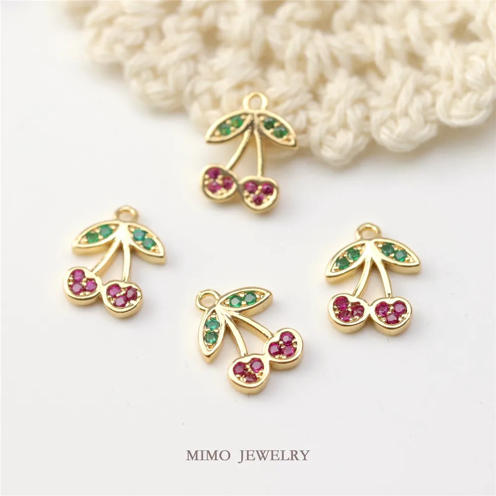 Micro Inlaid Zircon Cute Cherry Charm Pendants 14K Real Gold Plated Brass Jewelry Making Supplies Diy Accessories M-368