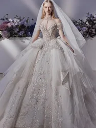 2023 New Gorgeous Wedding Dress Off The Shoulder Lace Applique Pearls Bridal Vestido De Noiva Ball Gown Plus Size Made Custom