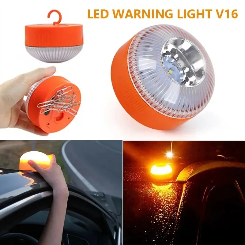 Emergency Light Car Strobe Light Car Emergency Beacon Light V16 Magnetic Replaceable Battery Strobe Flashing Warning Light Road Accident Lamp Safety Accessory