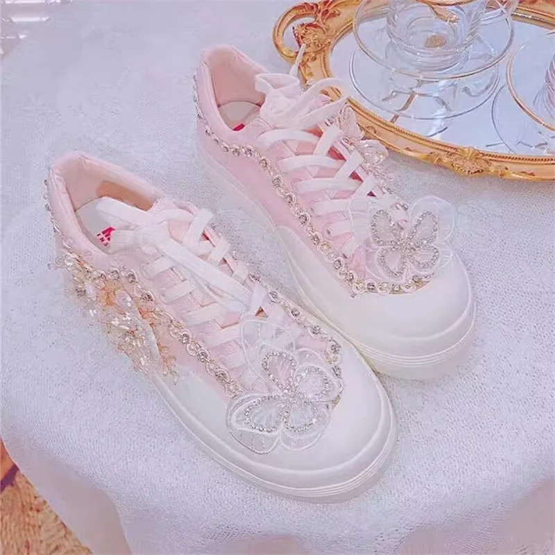 

Colorful rhinestone butterfly decoration handmade custom canvas shoes thick soled waterproof platform casual shoes women 35-40