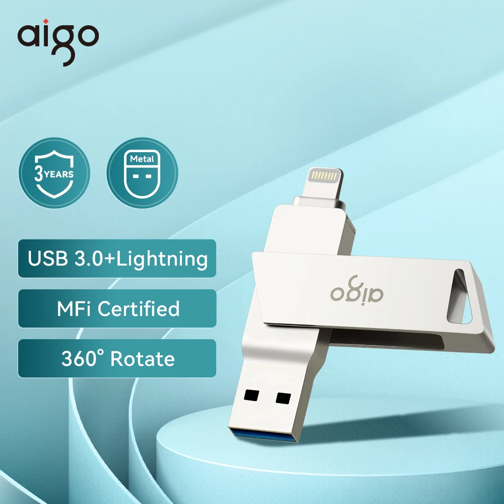 AIGO USB Flash Drive Lightning USB 3.0 Stick 128GB 64GB 256GB Metal Pen Drive MFICertified for