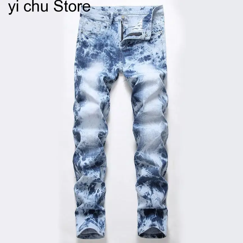 New Male Straight Slim stretch jeans pants top quality mens denim trousers Snow Wash zipper light blue Pants jeans for men men s pants new autumn vintage wash rough edge straight tube splicing male jeans high street wide leg trousers 2022 new fashion