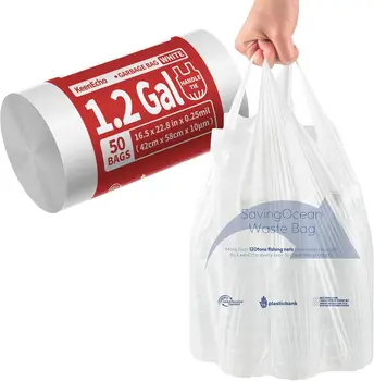 1.2 Gallon White Trash Bags with Handles, 50 Count - Recycled Ocean Plastic, Leak-Proof for Kitchen, Bathroom, Office & Pets 1