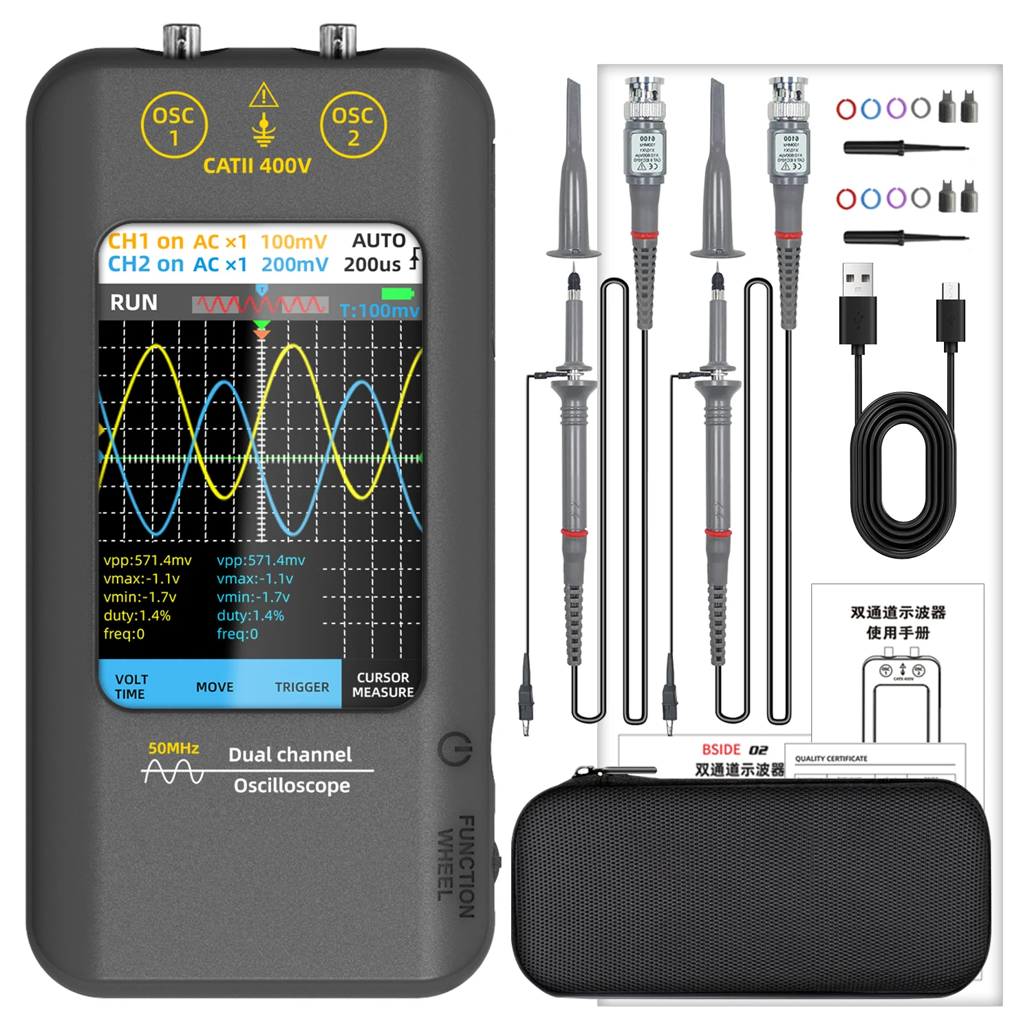 BSIDE O2 Touchscreen Oscilloscope Signal Generator Handheld 3.98-Inch 50MHz Dual Channel Digital Oscilloscope Waveform Tester