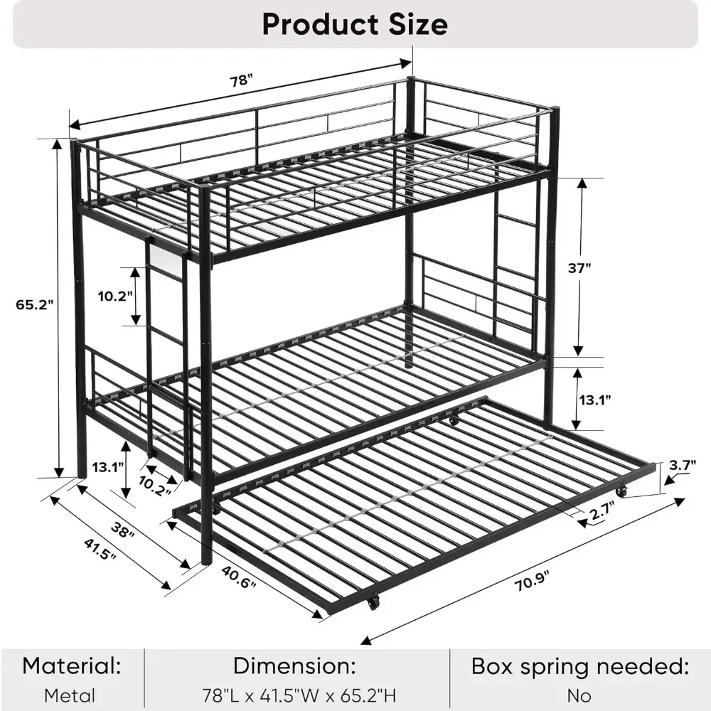 Twin Over Twin Bunk Bed Frame with Trundle,Metal Bunkbed Bedframe with Sturdy Guard Rail and 2 Ladders for Kids/Adults,Can be Di 2