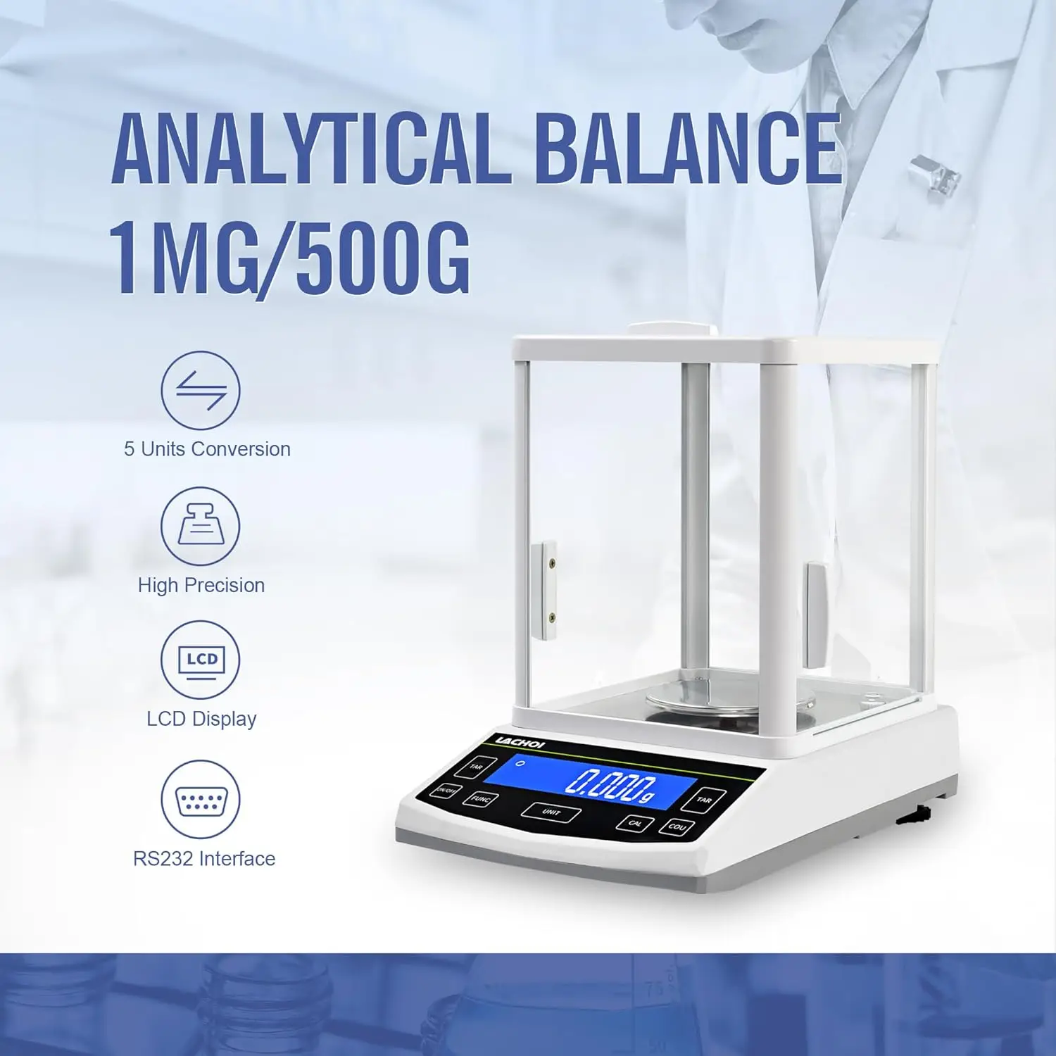 High Precision 500g Analytical Balance with 0.001g Accuracy, Windshield Protection, and RS232 Interface for Laboratory Use