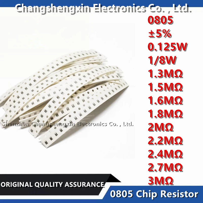 

100PSC 0805 SMT Chip Resistor Tolerance ±5% 1/8W 0.125W Resistance 1.3MΩ 1.5MΩ 1.6MΩ 1.8MΩ 2MΩ 2.2MΩ 2.4MΩ 2.7MΩ 3MΩ Ohms