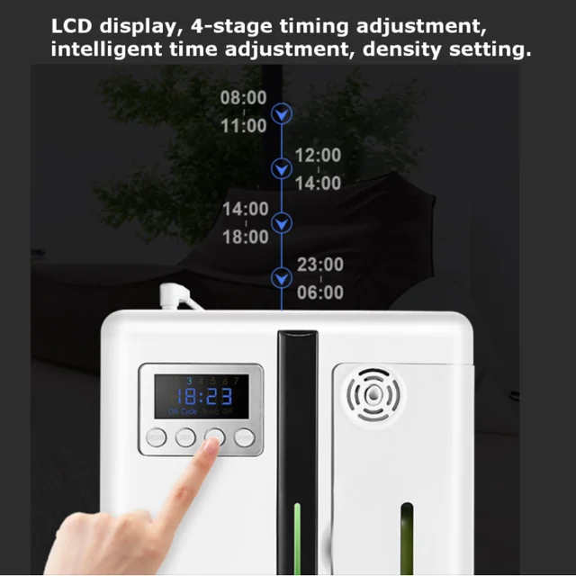 지능형 아로마 향기 기계로 휴대용 소음 최소화 및 공기 청정기능을 제공하며 활성탄 필터를 사용한 효과적인 향기 퍼뜨리기와 LCD 디스플레이 조작을 지원합니다.