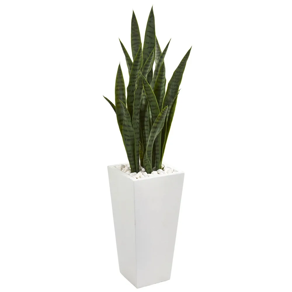 

Nearly Natural 4' Plastic Sansevieria Artificial Plant in White Tower Planter, Green