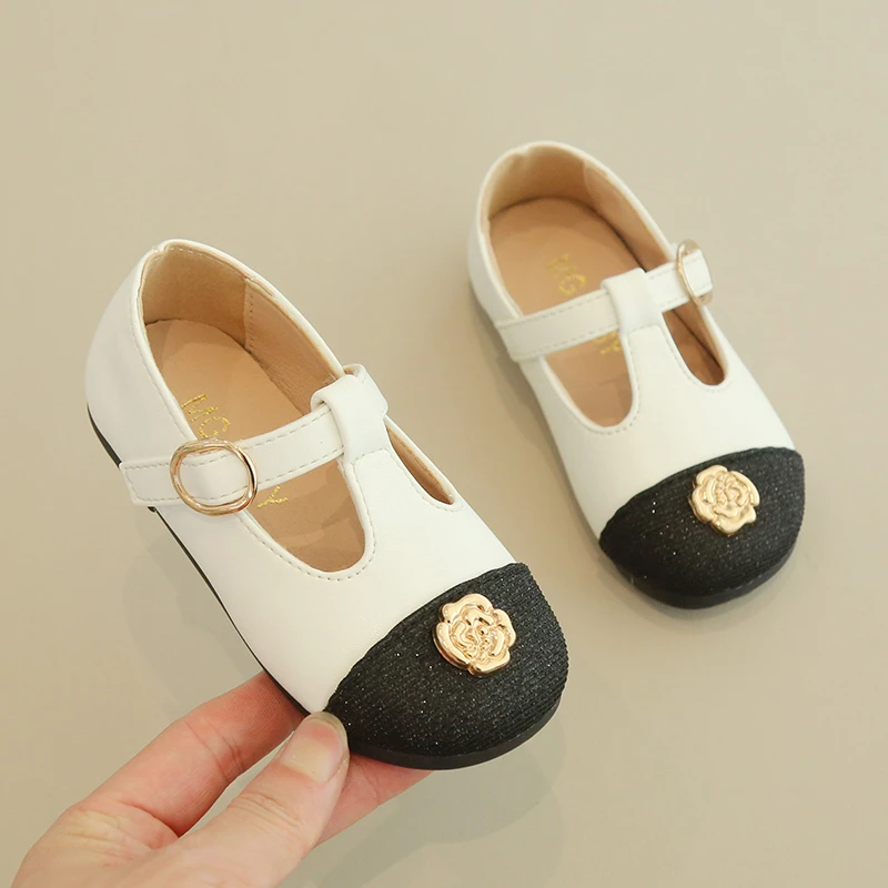 Children T Strap Leather Shoes Girls Black Toe Mary Janes Shoes Flower Kids Flats Baby Dress Shoes Toddlers Spring Autumn 264R