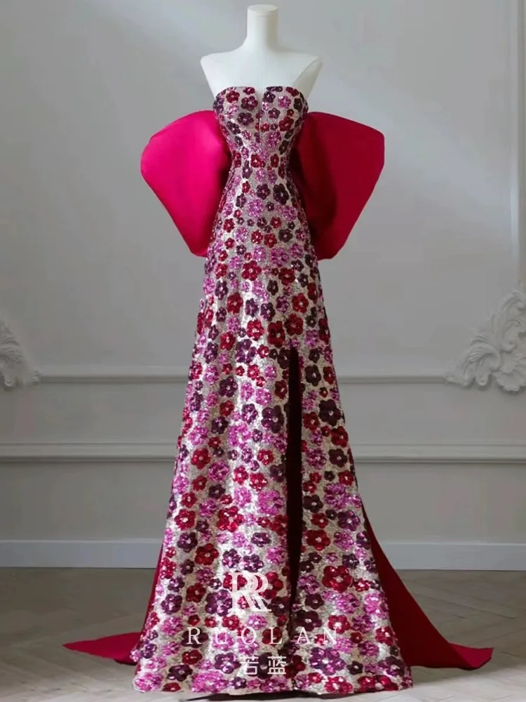 Sexy Rose Prom Dress Strapless Beading Flowers Printing Bow Mermaid High Split Luxury Party Evening Gowns 2024