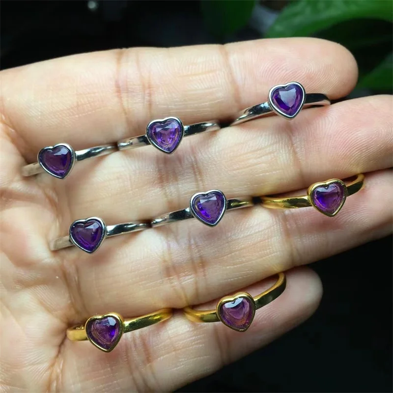 

S925 Natural Amethyst Heart Facet Rings Adjustable Finger Ring Healing Fengshui For Women Men Party Jewelry Gift 1PCS