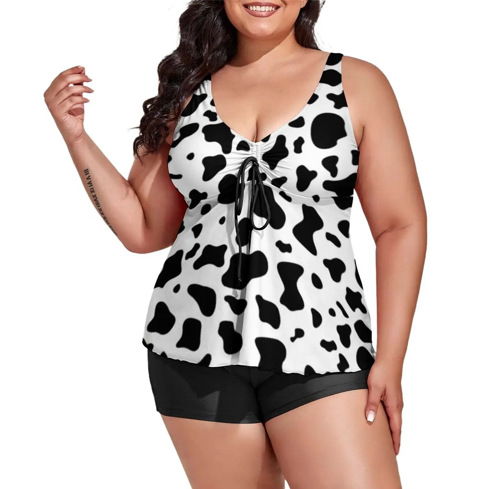 

Black White Cow Print Tankini Swimsuit Trendy Pattern Spots Animal Novelty Swimwear Graphic Bathing Suits Rave Beach Outfits