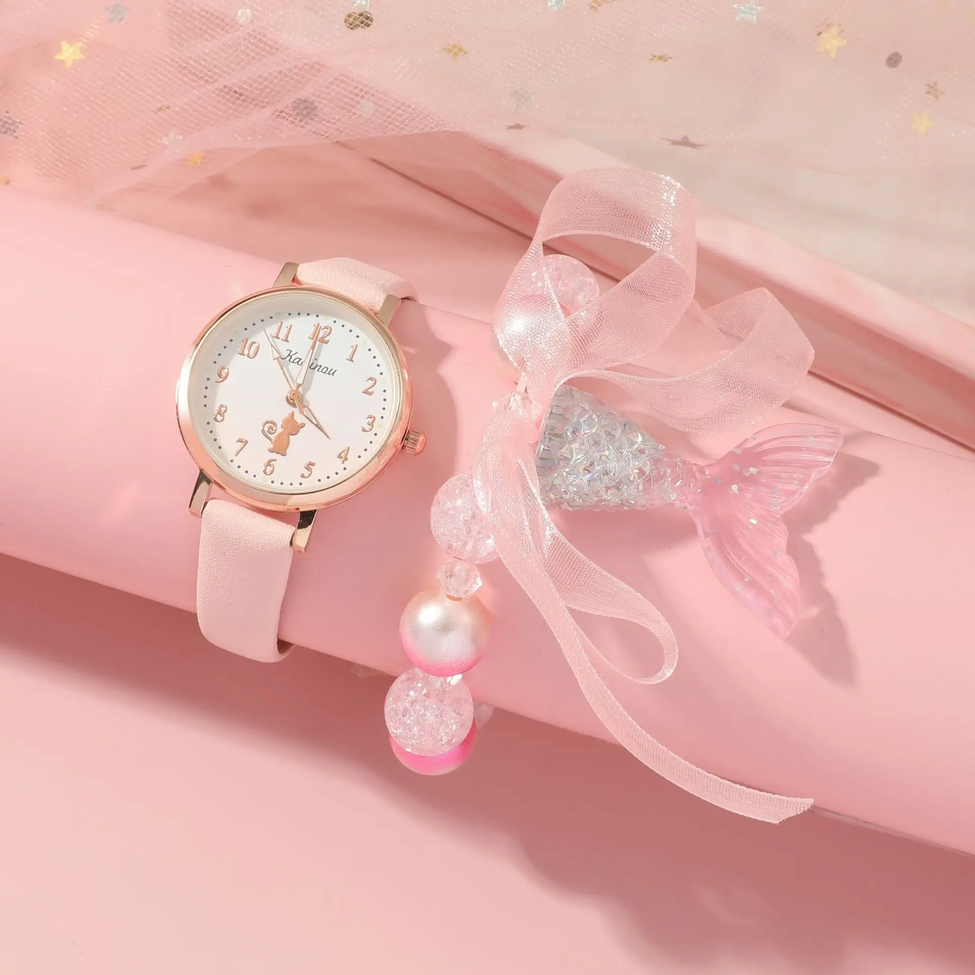

5pcs/set New Children's Set Cute Pink Girls' Watch+Elegant And Fresh Beaded Fshtail Bracelet Set