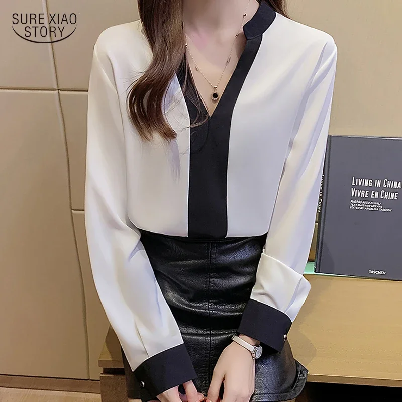 

2023 Simple Silky Elegant Shirt Autumn White Long-sleeved Chiffon Blouse Lady V-neck Pullover Contrast Blouse Women Blusa 15786