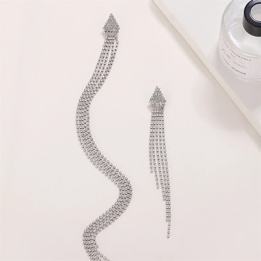 1 Pair Luxury Rhinestone Chain Earrings for Women Ladies Irregular Long and Short Tassel Dangle Earring Female Ear Stud Jewelry