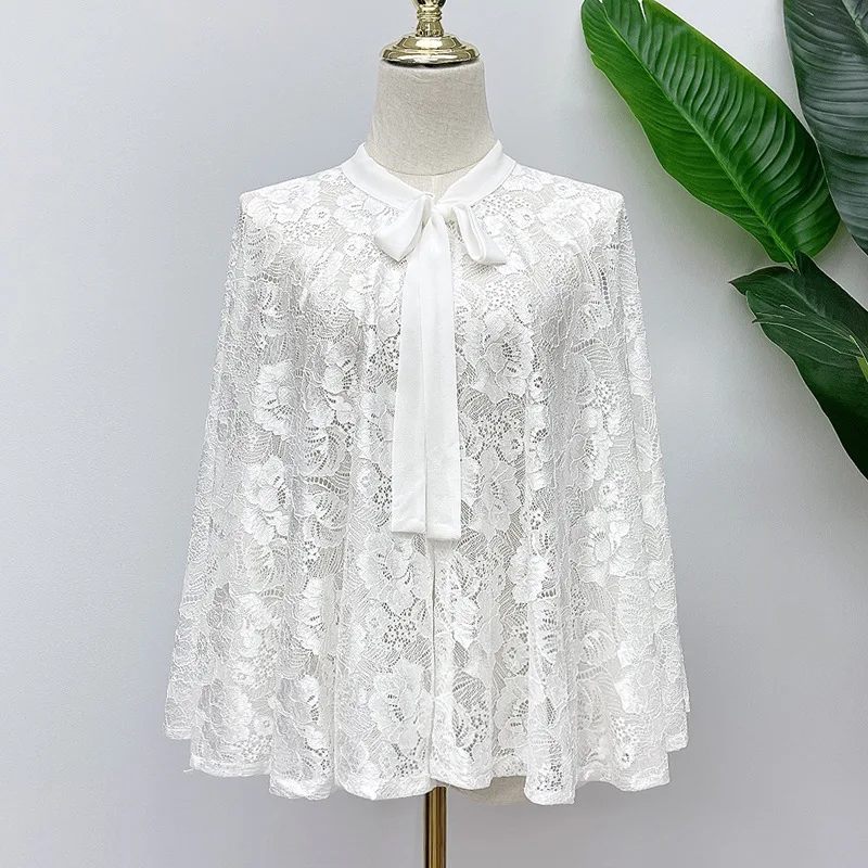 

2022 Spring Summer New Lady Cape Peony Flower pattern Shawl Sunscreen Hollow Outer Female Cloak Women Poncho Capes White