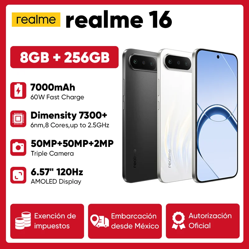 Versión Global Nuevo Smartphone realme 16 5G MediaTek Dimensity 6400 50MP 6.57" 120Hz AMOLED 7000 mAh Carga rápida de 60W IP69