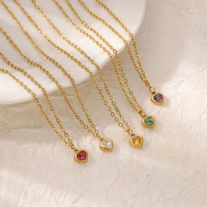 Stainless Steel Birthstone Heart Necklace For Women