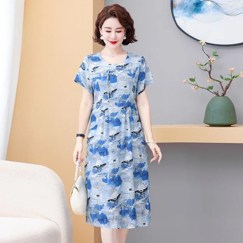 Short Sleeve Cotton Linen Vintage Print Floral Summer Dresses For