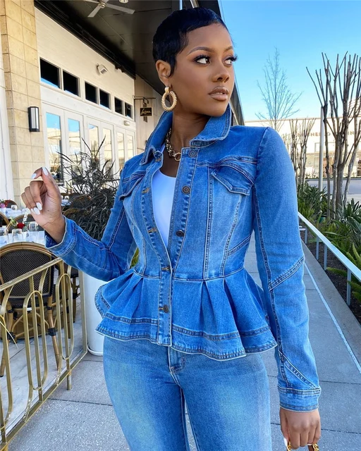 Women blue Denim Jacket Ruffle Hem Slim 