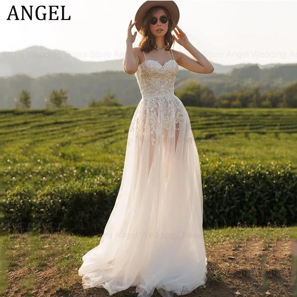 

ANGEL Pastrol Sweetheart Collar Spaghetti Straps Sleeveless A-Line Wedding Dress For Bride Floral Pattern Tulle Robe De Mariée