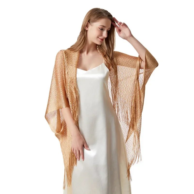 

New Polyester Sleeve Cape Gold and Silver Ponchos Summer Thin with Hollowed-out Fringe Sunscreen Large Size Shawl