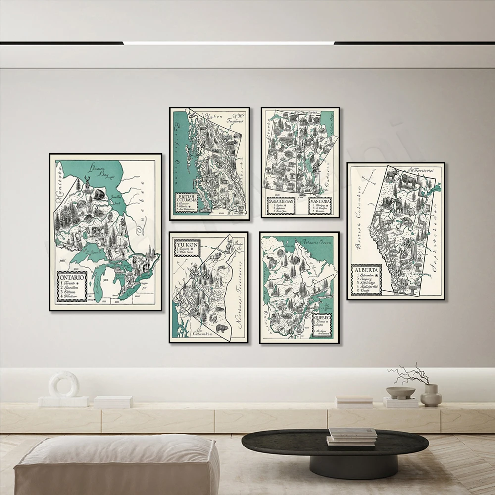 Prince Edward Island, Greater Ontario, Alberta, British Columbia, Quebec, Saskatchewan E Manitoba, Canada Vintage Map Poster