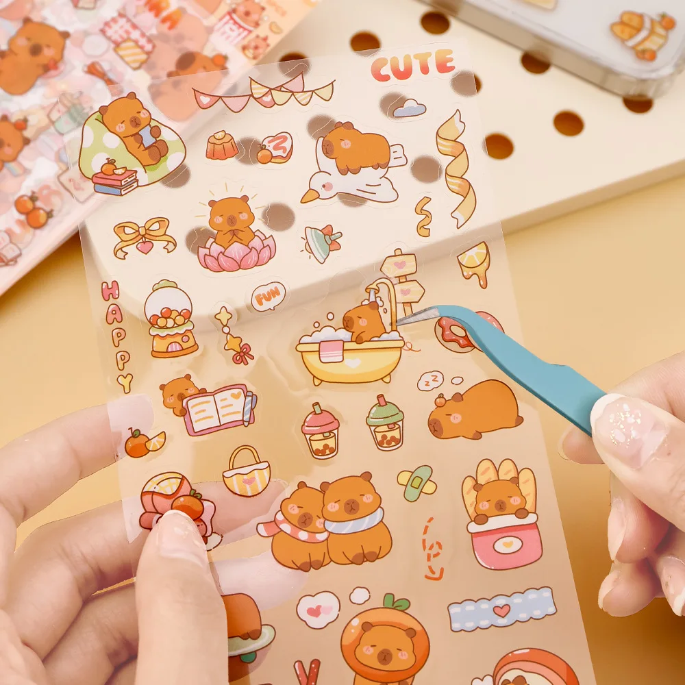 6 fogli/confezione Kapibara PET adesivo studente carino conto a mano materiale decorativo cartone animato capibara custodia per cellulare fai da te - immagine 4