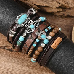 Retro Men's Multi - Layer Cactus & Turquoise Accessories Set with Leather and Wooden Beads (1)