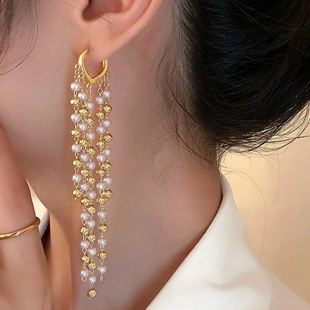 Korean Long Tassel Pearl Dangle Earrings