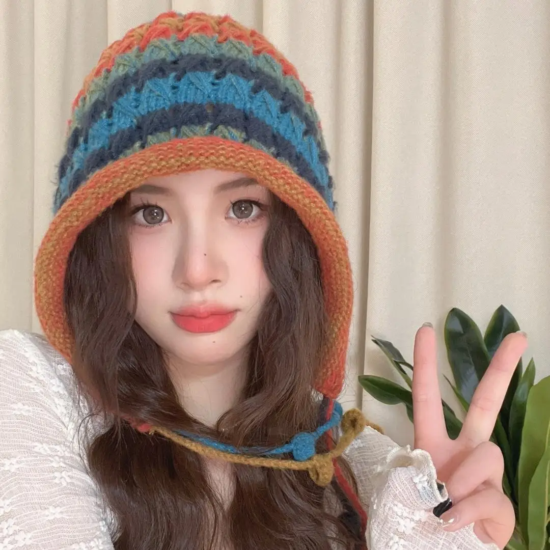 

Korean Women Winter Knit Earflap Hat Tassel Warm Hand Knitted Skiing Beanie Hedging Cap Crochet Pullover Hat Gorro Bonnet