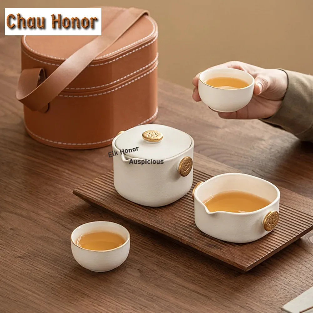 High-end Square Round Tea Set Kit Aesthetic 1 Pot 2 Cups Household Tea Maker Travel Tea Set Camping Handbag Tableware Craft