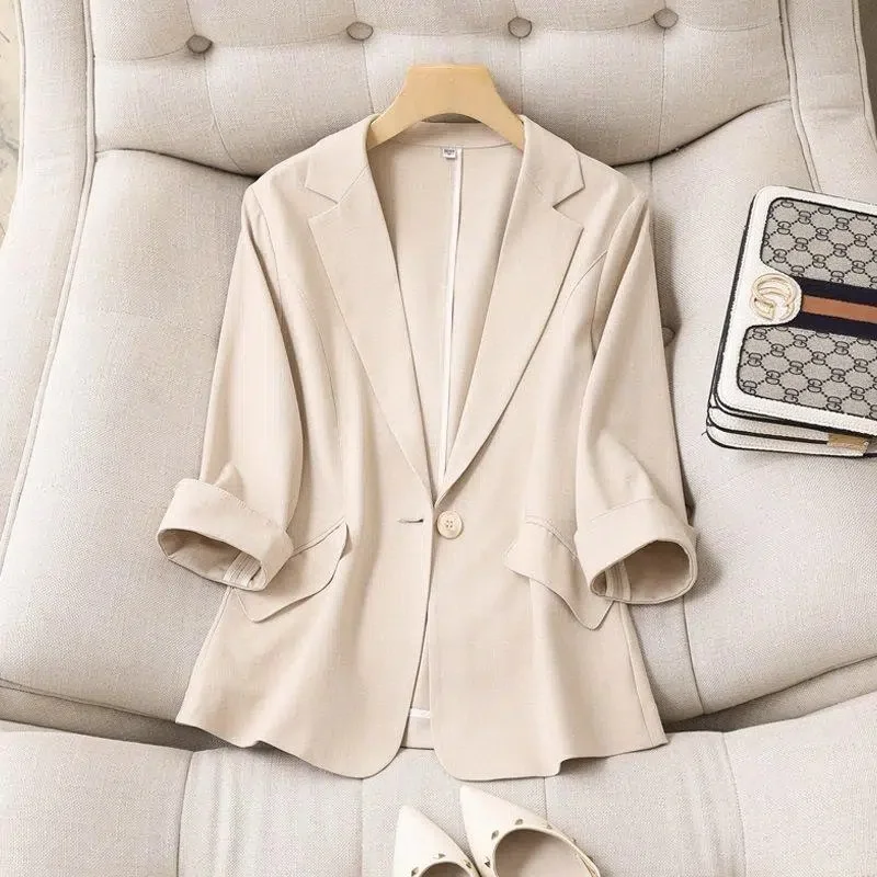

Suit Blazer Basic Cotton Linen Three Quarter Single Button Women's Jacket Summer 2023 Korean Fashion Casual Short Jackets Coat