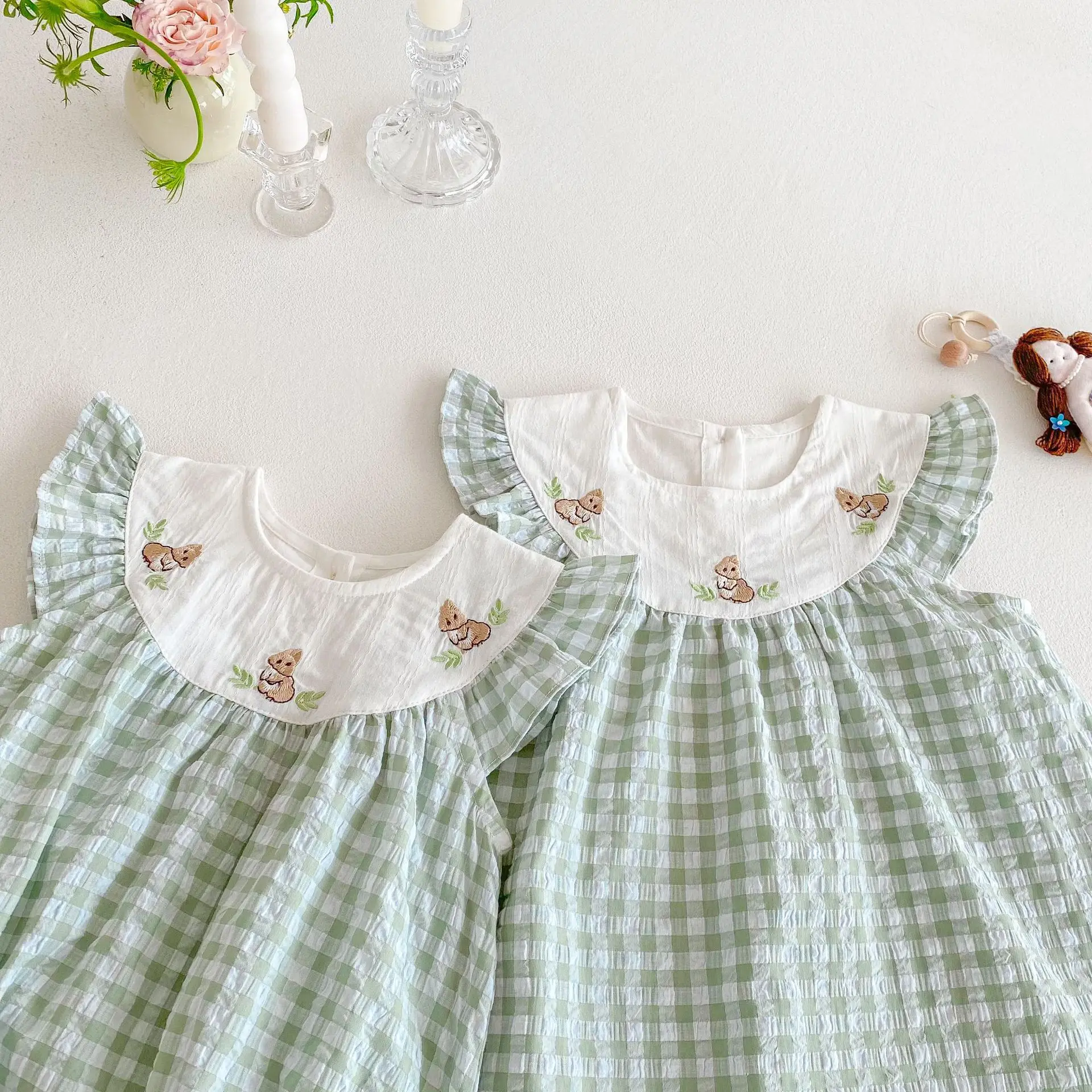 Cute Summer Plaid Baby Dress with Bunny Embroidery
