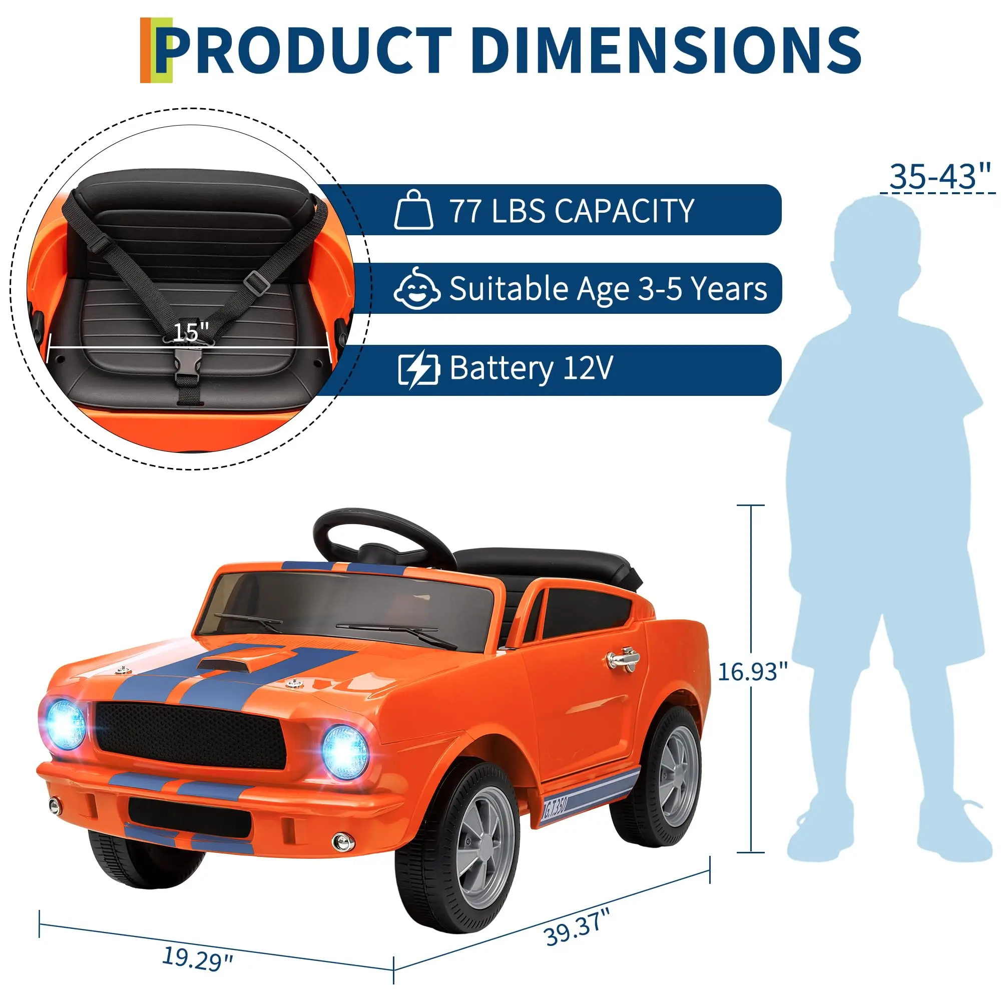 12V Kids Ride on Car With Remote Control, Electric Car Toy LED Lights & Music With For Children Ages 3-7 2