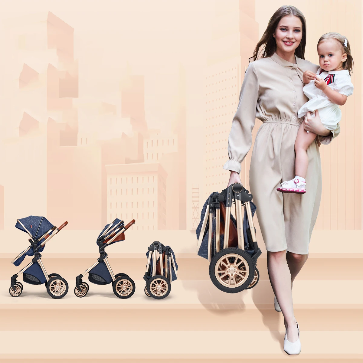 Luxury Baby Stroller 3 in 1 High Landscape Baby Cart Can Sit Can Lie Portable Pushchair Cradel Infant Carrier