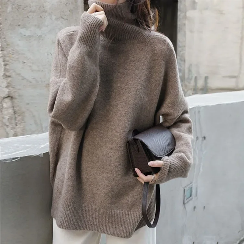 

Turtle Neck Cashmere Sweater Women Korean Style Loose Warm Knitted Pullover 2021 Winter Outwear Lazy Oaf Female Jumpers