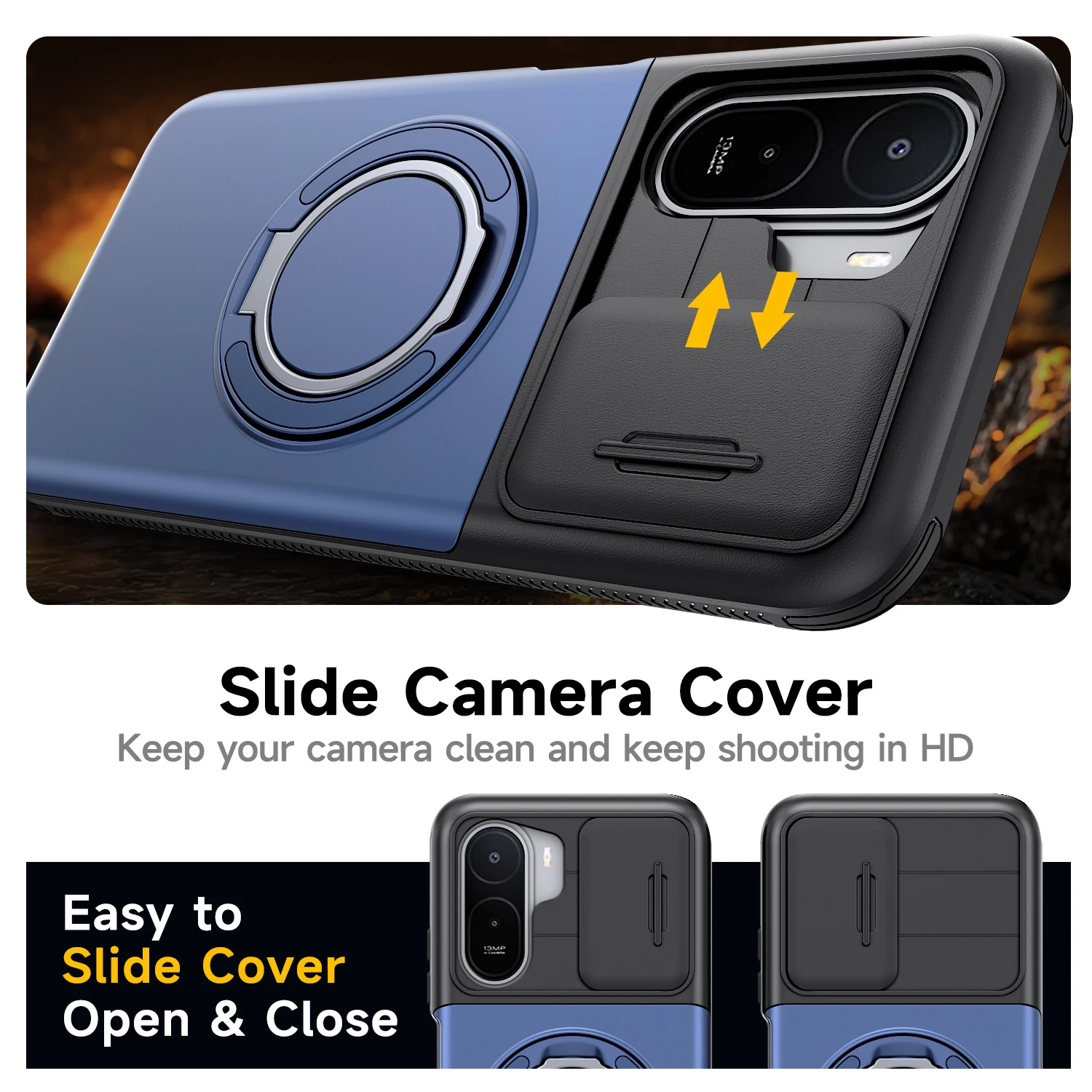 Magnetic Rotating Ring Bracket Case with Slide Camera Protection and Card Slot