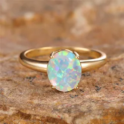 Elegant White Fire Opal Oval Ring - Vintage Gold Minimalist Engagement Band - 8 (Gold White)