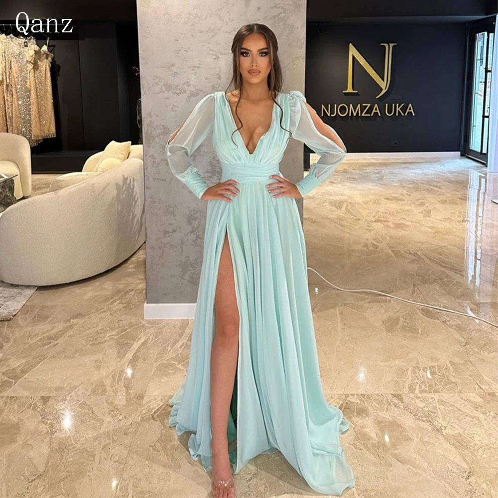 

Qanz Saudi Arabia Prom Dresses V-neck Chiffon Leg Sleeves Split Evening Gowns Party Dress Mint Green Long Vestidos De Graduación