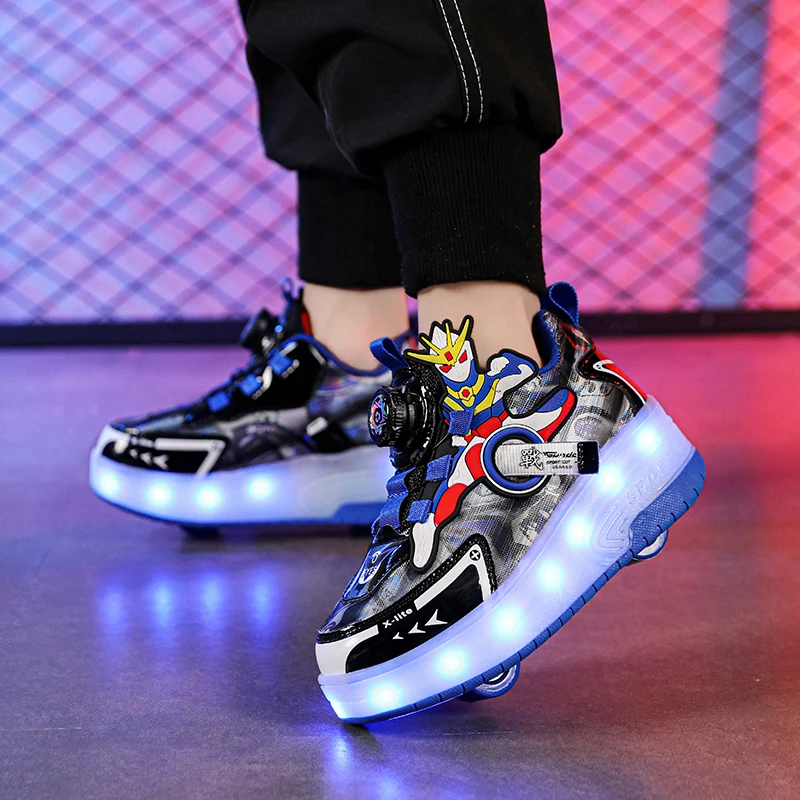 Kids Shoes Boys' sneakers rotating button cartoon usb charging bright light roller skating rampage shoes elementary school children's shoes red sneakers