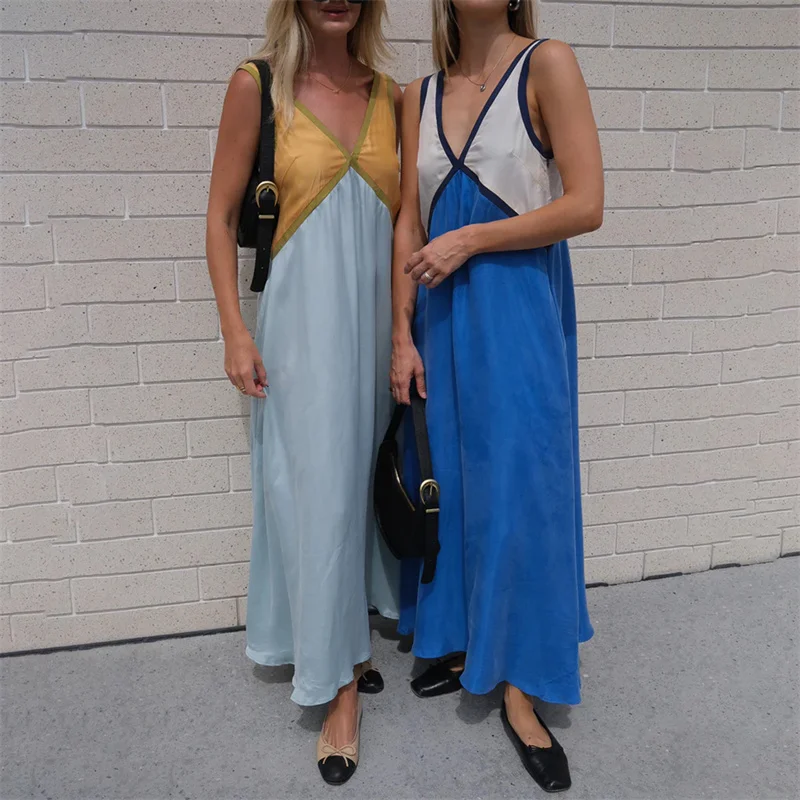 Vestido elegante de verano para mujer, con cuello en V, sin mangas, con patchwork de colores contrastantes, largo y sexy para fiesta de noche.