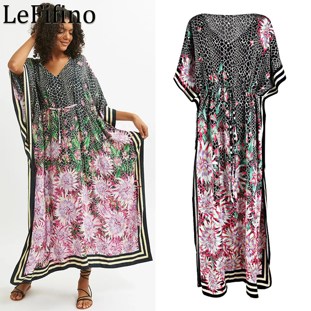 

Summer Chrysanthemums Positioning Printing Loose Size Beach Long Robes Sun Protection Coats Edge Lines Bikini Cover Up For Women