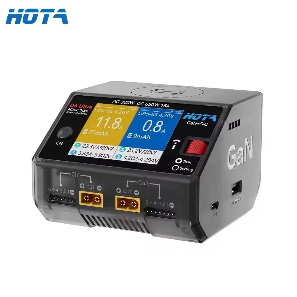 HOTA D6 Ultra AC 300W GaN+SiC DC 650W Dual Channel Charger FPV Charging For 1-6S Lipo LiHV/NiZn/Nicd/NiMH Battery Drones XT60