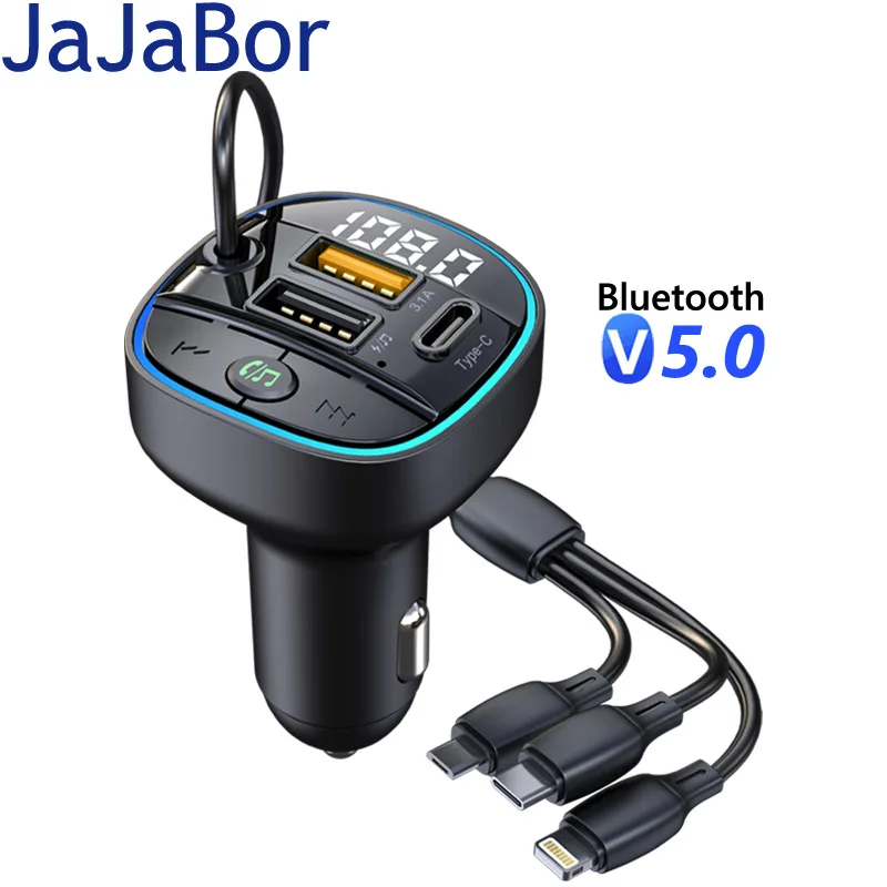 Jajabor Trasmettitore Fm Per Auto 3 In 1 Cavo Di Ricarica Per Caricabatterie Iphone Usb Tipo C 3.1A Kit Per Auto Bluetooth Vivavoce A Ricarica Rapida