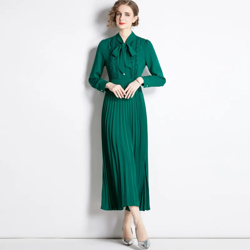 

#2347 Green Long Shirt Dress Women Bow Collar Vintage Office Midi Dress High Waisted Pleated A-line Dress Female Elegant Spring
