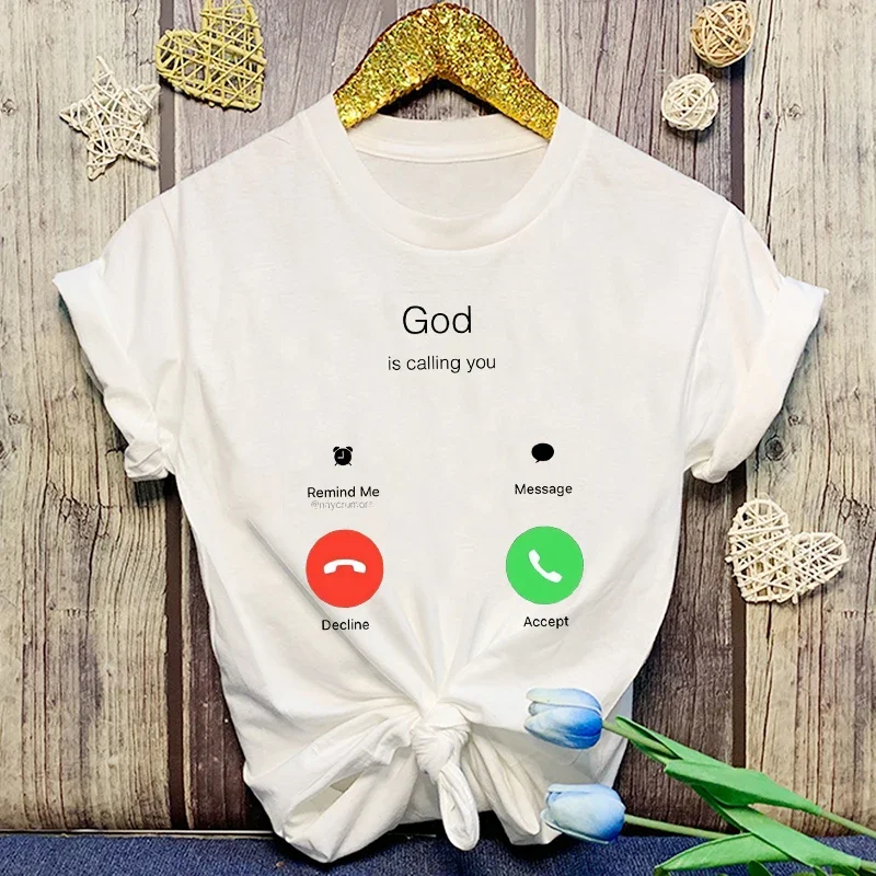 

Women Causal Harajuku Tops Funny T Shirt Unisex Short Sleeve Christianity God Is Calling You Print T Shirts